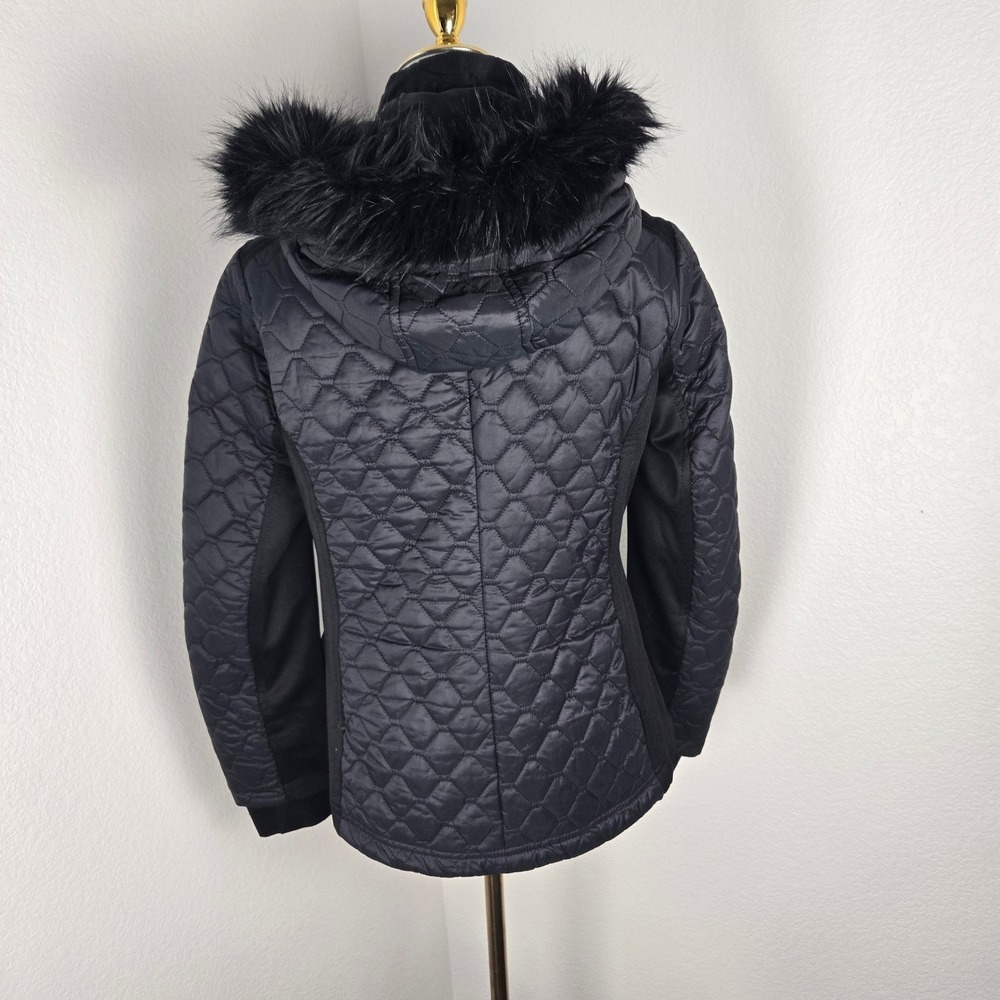 Michael‎ Kors Women Black Quilted Puffer Jacket Hooded Faux Fur Trim Gold Logo M - Picture 8 of 14